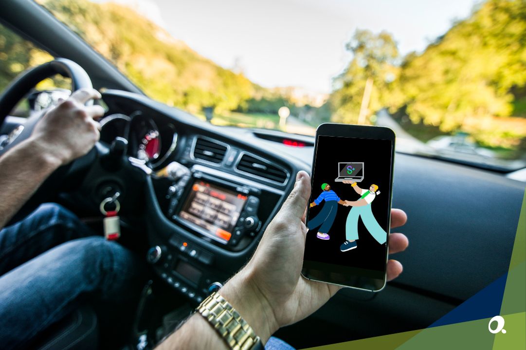 Person driving while holding a smartphone showing an illustration of Sage AI assisting users